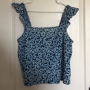 NWOT J. Crew Factory Smocked Ruffle-Shoulder Blue and White Tank Top